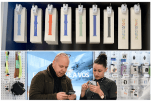 悬挂的商品正在展示和固定StopLok 经过InVue 在 Claro，电信商店。